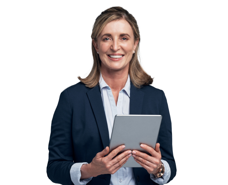 Woman smiling holding tablet
